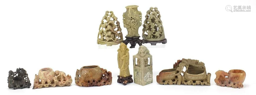 Chinese soapstone carvings including a vase on stand