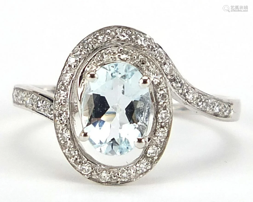 9ct white gold aquamarine and diamond ring, size N,