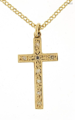 9ct gold diamond cross pendant on 9ct gold Belcher link