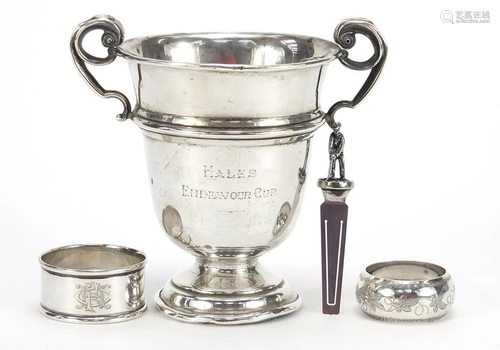 Golfing interest silver trophy with twin handles, two