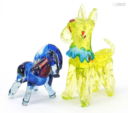 Murano glass Scottie dog and a glass horse, the largest