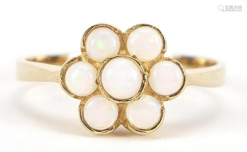 9ct gold opal flower head ring, size O, 2.0g