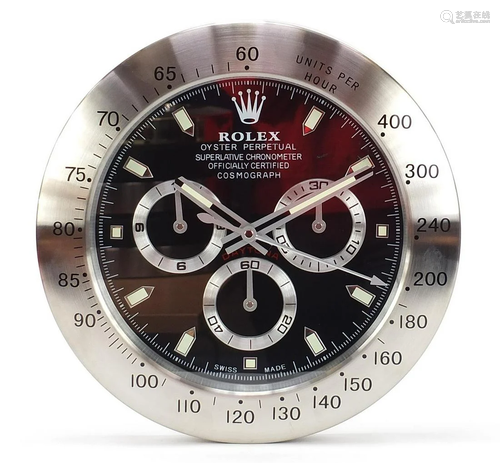 Rolex Daytona design dealer's display wall clock, 34cm