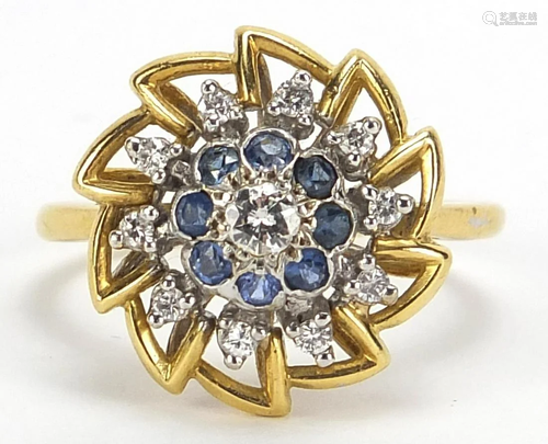 18ct gold diamond and sapphire cocktail ring, size Q,