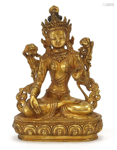 Chino Tibetan gilt bronze figure of seated Buddha, 20cm