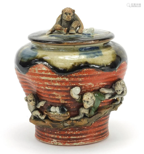 Japanese Sumida Gawa pottery jar and cover with monkey