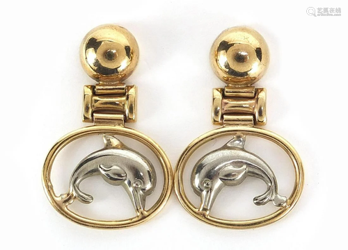 Pair of 9ct gold two tone dolphin earrings, 3.4cm high,