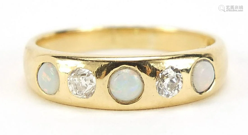 18ct gold opal and diamond five stone ring, the