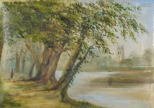 Trees and river before a cathedral, mixed media,