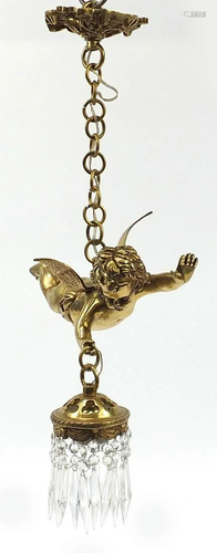 Gilt bronze cherub light fitting with cut glass drops,