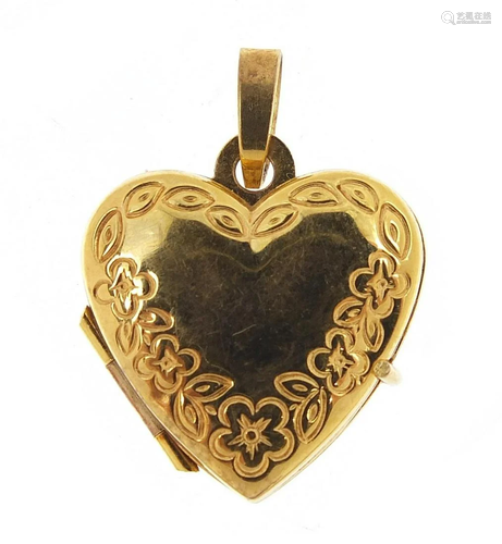 9ct gold love heart locket with engraved decoration,