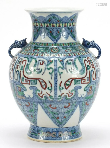 Chinese doucai porcelain vase with handles, hand