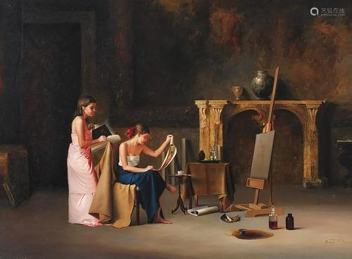 Benito Cerna - Two females in an interior, oil on