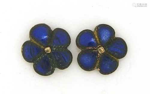 Pair of 9ct gold blue enamel flower head stud earrings,