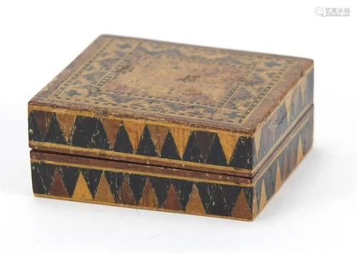 Victorian Tunbridge Ware stamp box, 4cm x 3.5cm