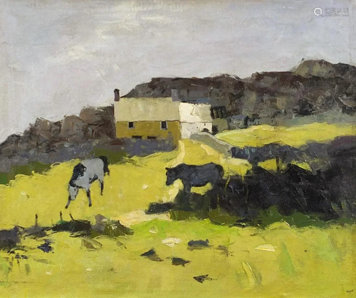 Cows before a cottage and hills, Welsh school oil on