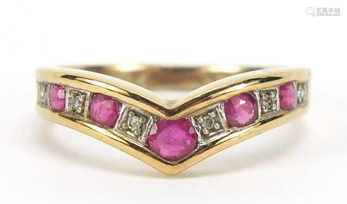 9ct gold ruby and diamond herringbone ring, size K,