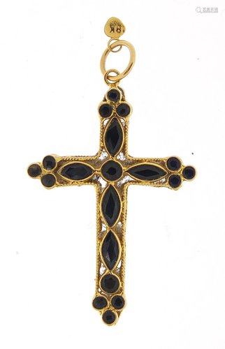 Unusual 18ct gold sapphire cross pendant, 3cm high,