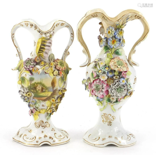 Two 19th century floral encrusted vases with twin