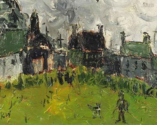 Figure before buildings, Welsh school oil on board,