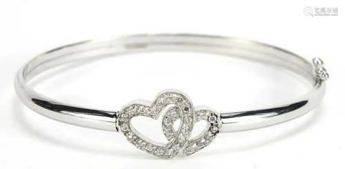 9ct white gold double love heart bangle set with clear