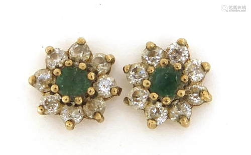 Pair of 9ct gold green and clear stone stud earrings,