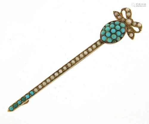 Victorian unmarked gold turquoise and seed pearl bar