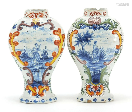 Pair of antique Delft tin glazed baluster vases, each