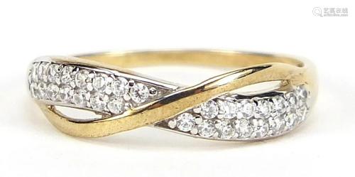 9ct gold cubic zirconia half eternity crossover ring,