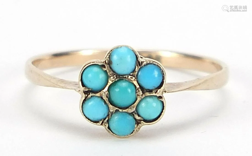 9ct gold turquoise flower head ring, size P, 1.0g