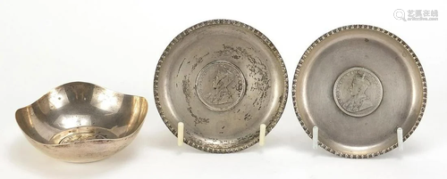 Three Indian silver one rupee coin set dishes