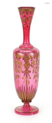 19th century cranberry glass vase gilded with flowers,