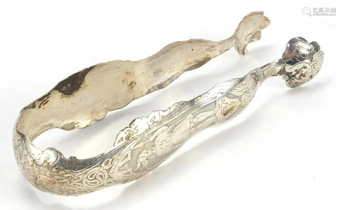 Pair of Danish silver sugar tongs engraved with