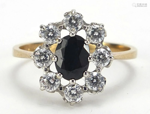 9ct gold sapphire and cubic zirconia ring, size N, 2.3g