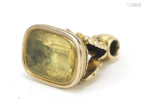 Victorian gold coloured metal citrine fob, 2.8cm high,