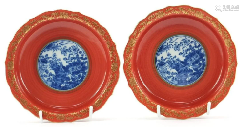 Pair of Japanese iron red ground porcelain dishes hand