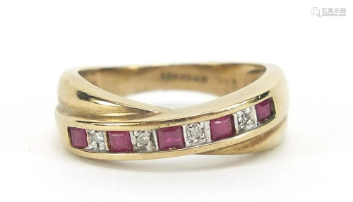 9ct gold ruby and diamond crossover half eternity ring,