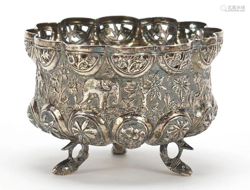 Burmese unmarked silver bowl, pierced and embossed with