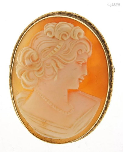 9ct gold cameo maiden head brooch, 3.8cm high, 7.7g
