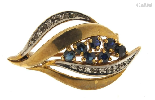 9ct gold sapphire and diamond brooch, 3cm wide, 4.0g