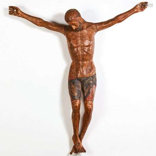 Grand Christ en bois sculpté et polychromé. Tête i…