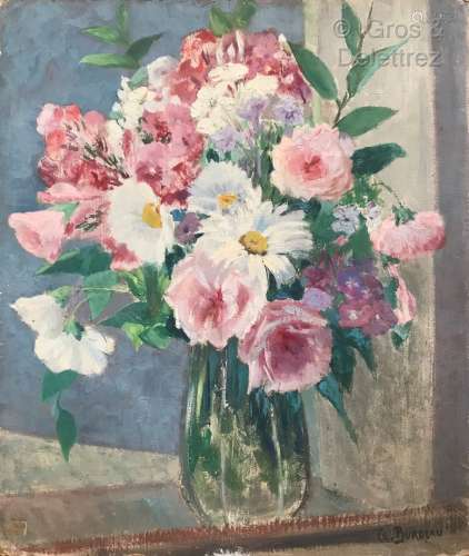 Clémence Louise BURDEAU (1891-1983) Vase aux fleurs roses et...
