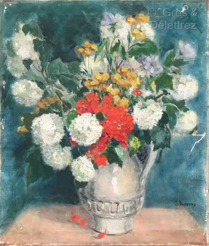 Clémence Louise BURDEAU (1891-1983) Bouquet de géraniums rou...