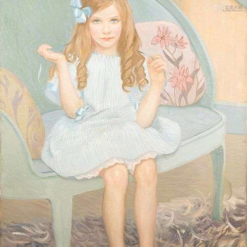 Elliot TORREY (1867-1949) Le ruban bleu Huile sur toile. Sig...