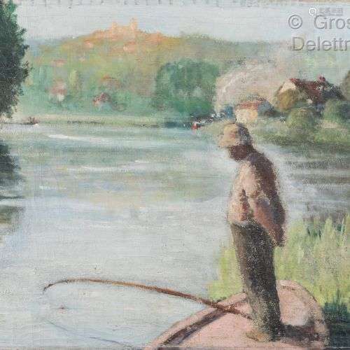 Ecole française des années 1920. Pêcheur en bord de rivière ...
