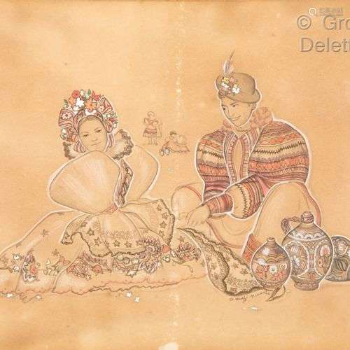 Génia MINACHE (1907-1972) Couple aux poteries en costumes tr...