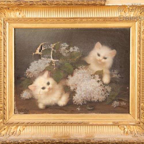 Rita Matilde DE LA PENUELA (1840-?) Deux petits chatons joua...