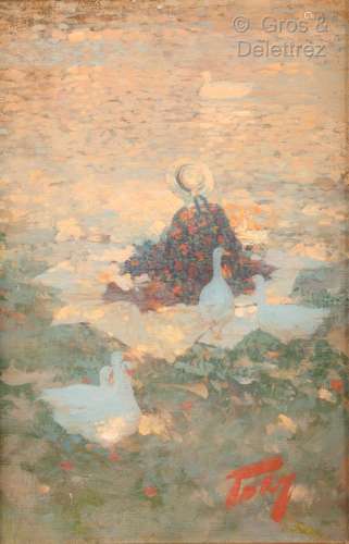 TORY (XIX-XXe siècle) Jeune femme et cygnes au bord d un lac...