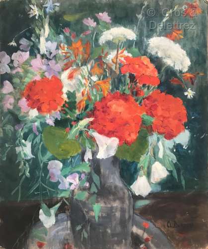 Clémence Louise BURDEAU (1891-1983) Bouquet avec géraniums d...