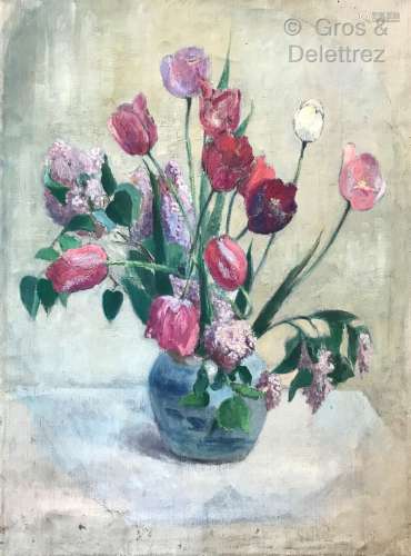 Clémence Louise BURDEAU (1891-1983) Bouquet tulipes roses Hu...